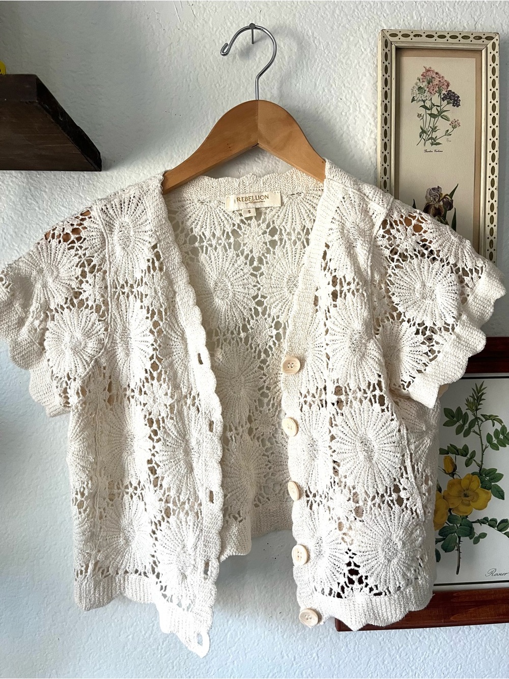 Rebellion Cream Crochet Button Front Crop Top 100% Cotton | Small - Cottagecore - Picture 2 of 12